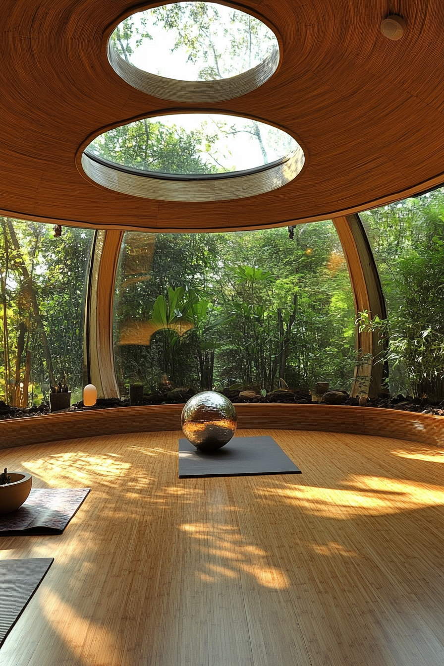 Yoga space. Bamboo flooring, mediation sphere, terrarium wall under round sunroof.