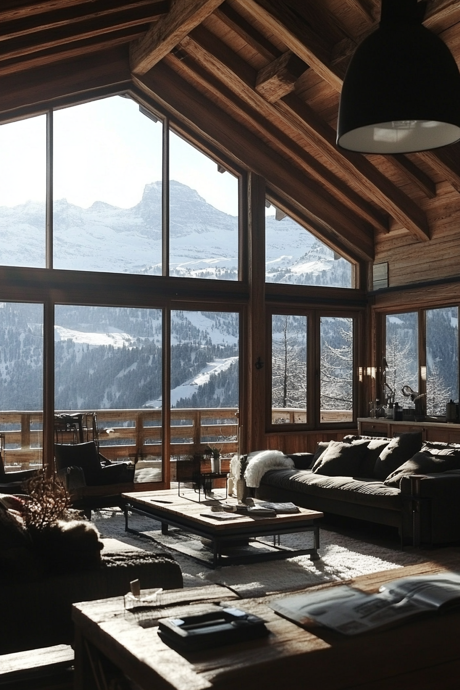 Contemporary Alpine living. Wood paneled loft with floor-to-ceiling glass windows overlooking snow-capped mountains.