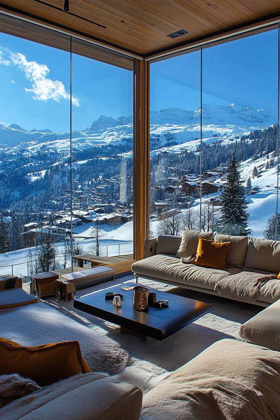 Contemporary Alpine living. Snow-capped view from a panoramic floor-to-ceiling window.