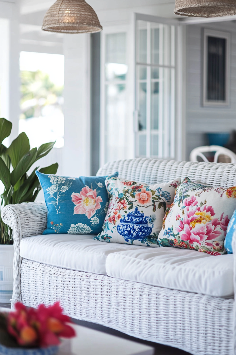 Coastal living space. Vintage floral cushions against white wicker sofa with blue chinoiserie accents.