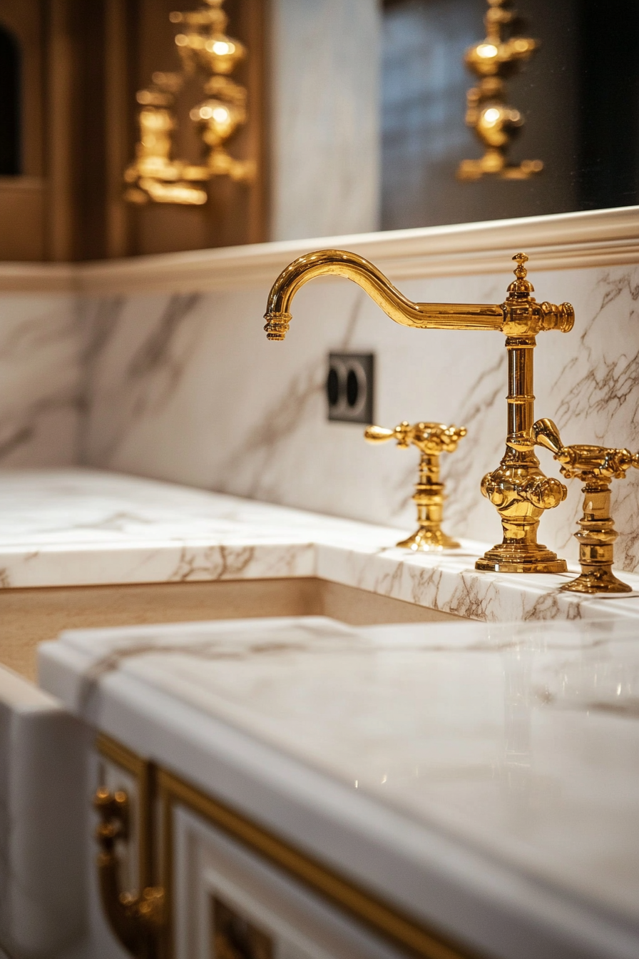 Premium kitchen design. White marble countertops with golden brass fixtures.