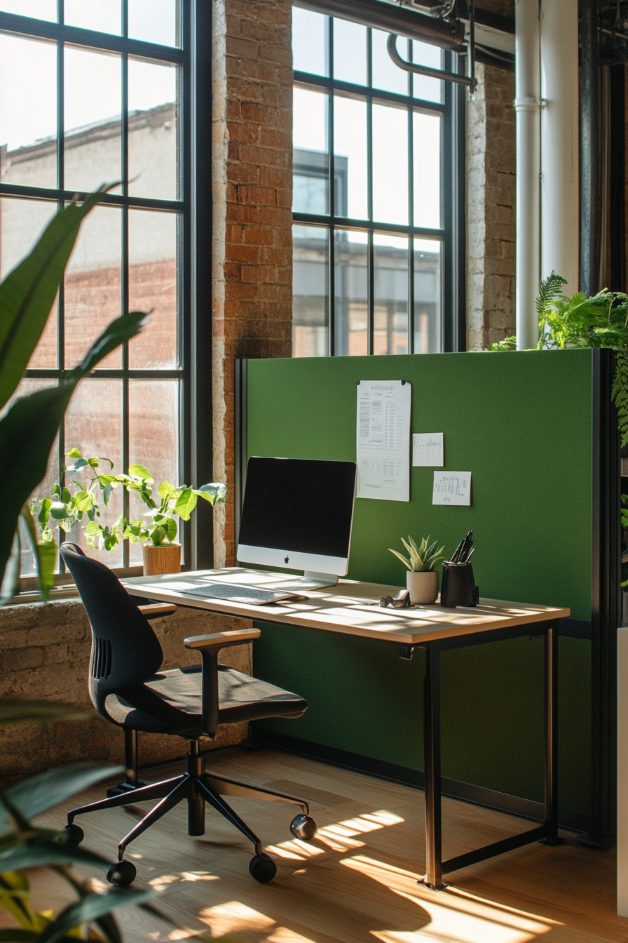 Remote workspace. Modular desk near fern green wall divider beneath factory-style windows.