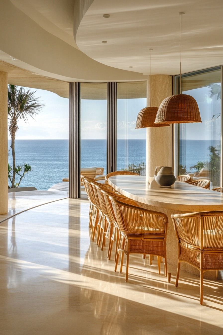 Dining room. Bleached brunette floors, curved rattan chairs, floor-to-ceiling ocean view.