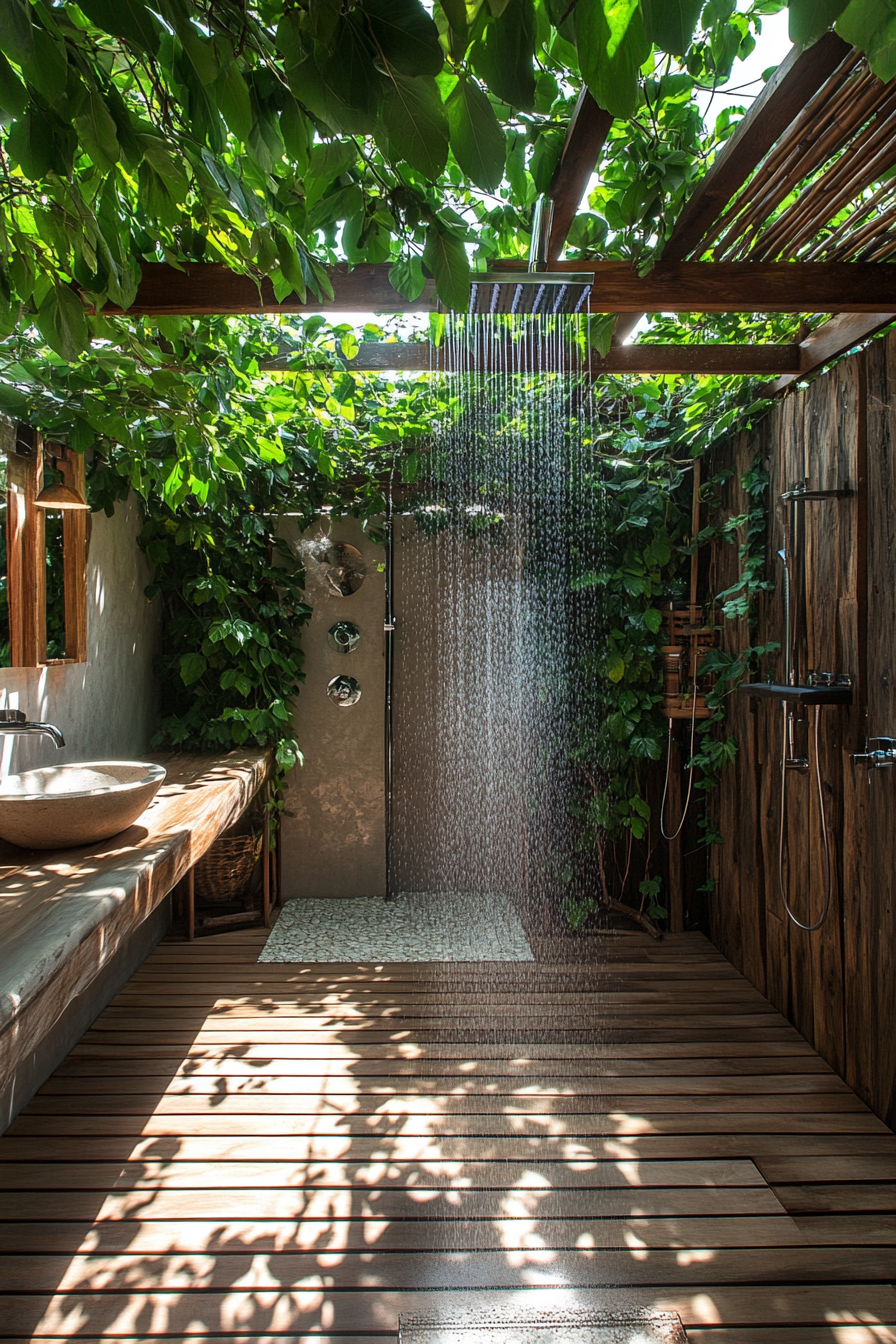 Outdoor bathroom. Teak flooring with stone rainfall shower, surrounded by ivy-clad pergola.