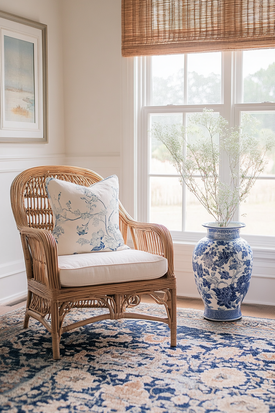 Coastal living space. Vintage floral rug, blue chinoiserie vase, woven rattan chair.