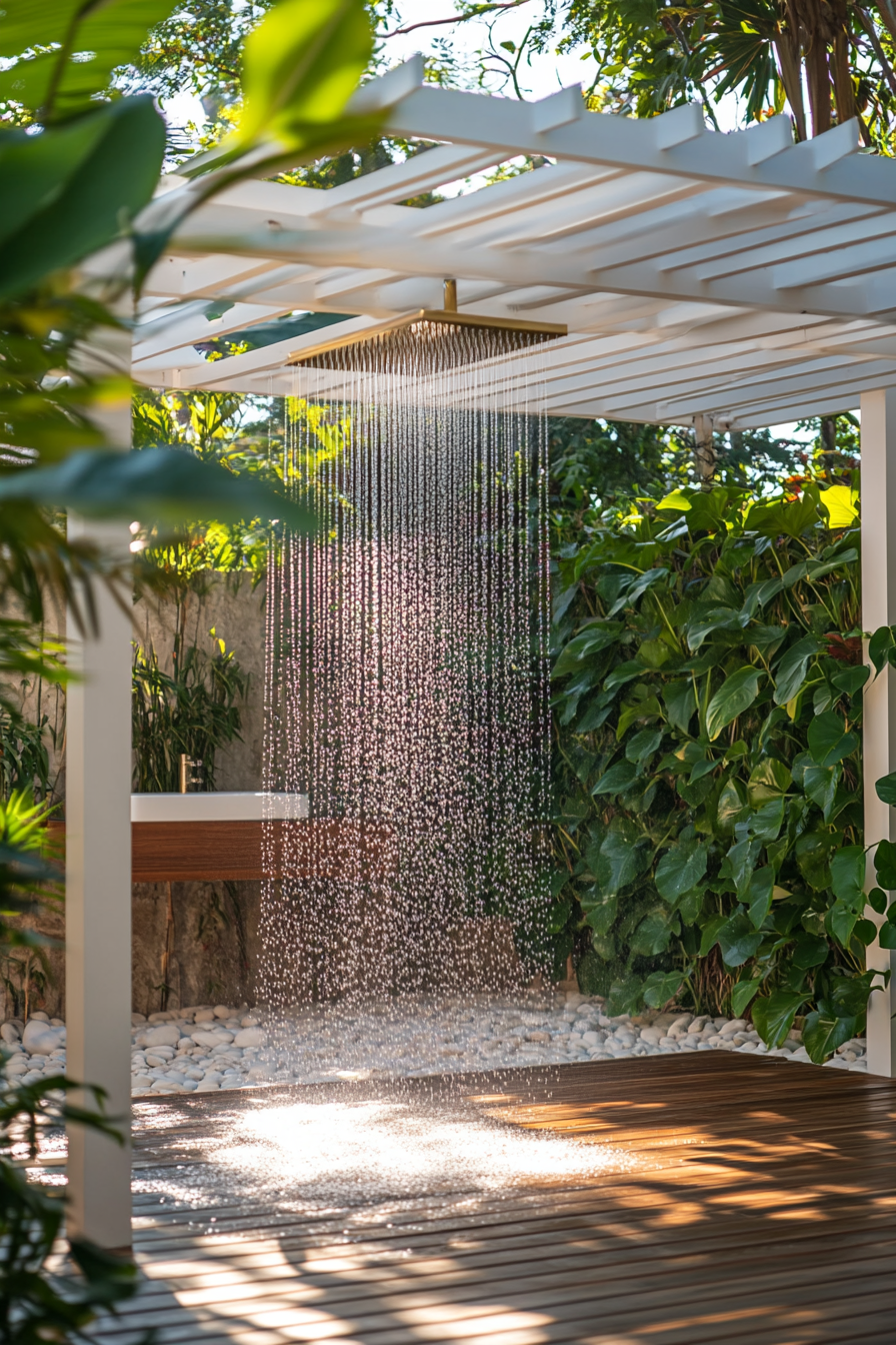 Outdoor bathroom. Teak flooring, golden rainfall shower head, leafy privacy wall under white pergola.