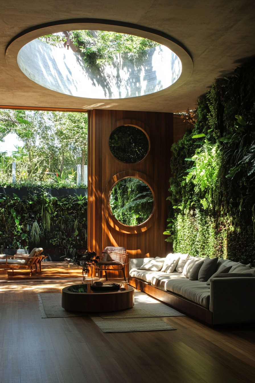 Yoga space. Circular skylight diffusing sunlight onto bamboo floor and lush living wall.