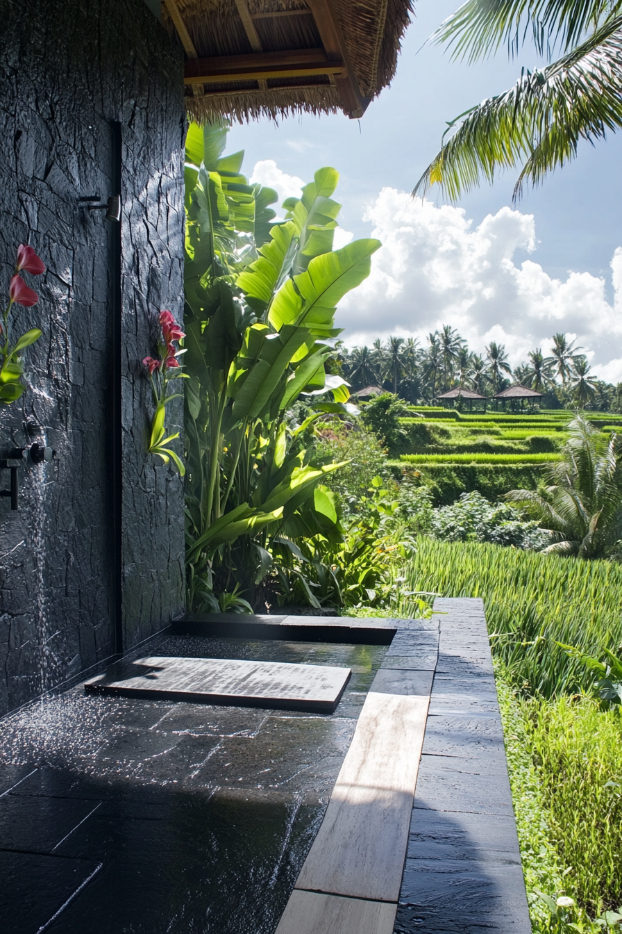 Outdoor shower. Black lava stone walls, teak platform, choosing orchid wall, and rice paddy view.