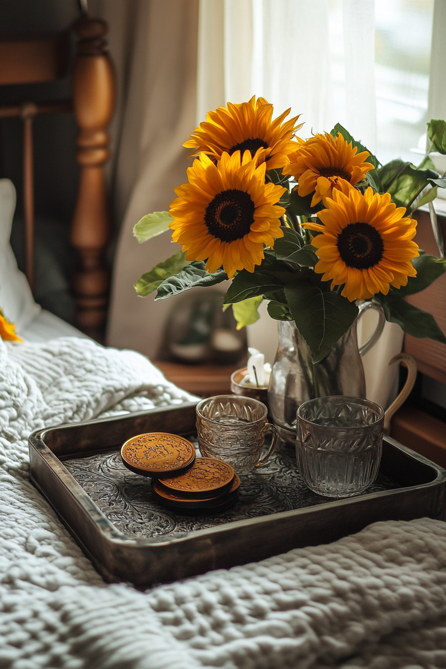 Bedside setup. Vintage trays, velvet coaster set, serving trolley, sunflower bouquet.