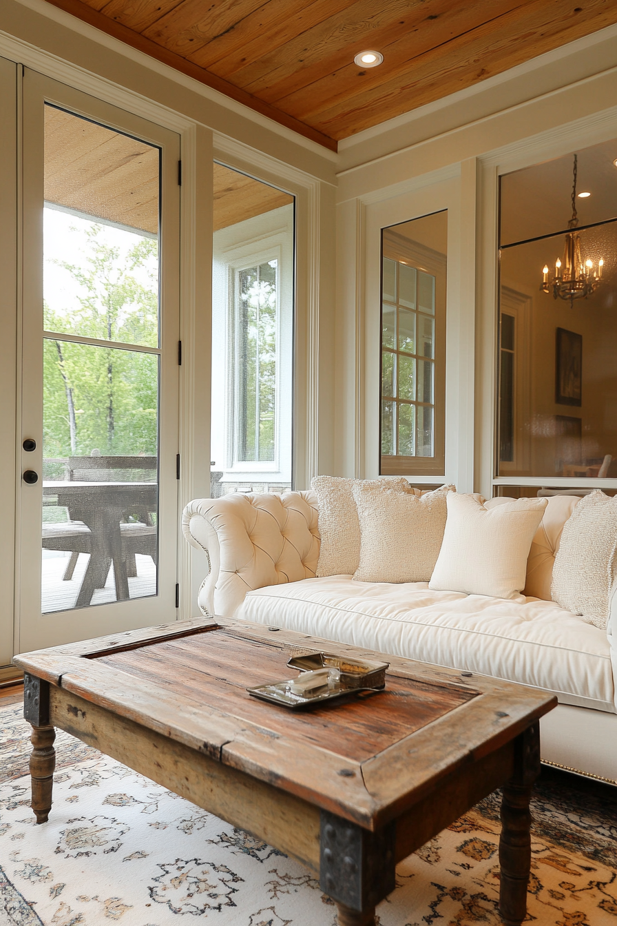 Modern enclosed porch. Glass walls with a cream plush settee and polished cedarwood coffee table.