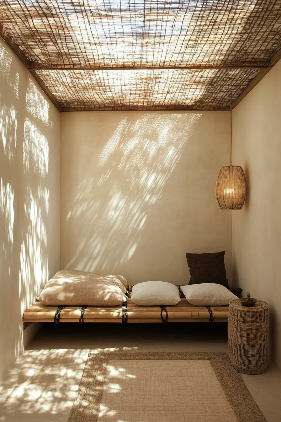 Compact meditation space. Bamboo bench under skylight, concealed floor cushions, diffuser on side table.