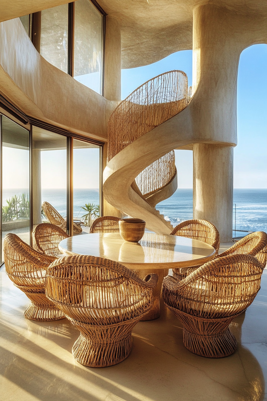 Dining room. Bleached brunette floors, curved rattan chairs, ocean views.