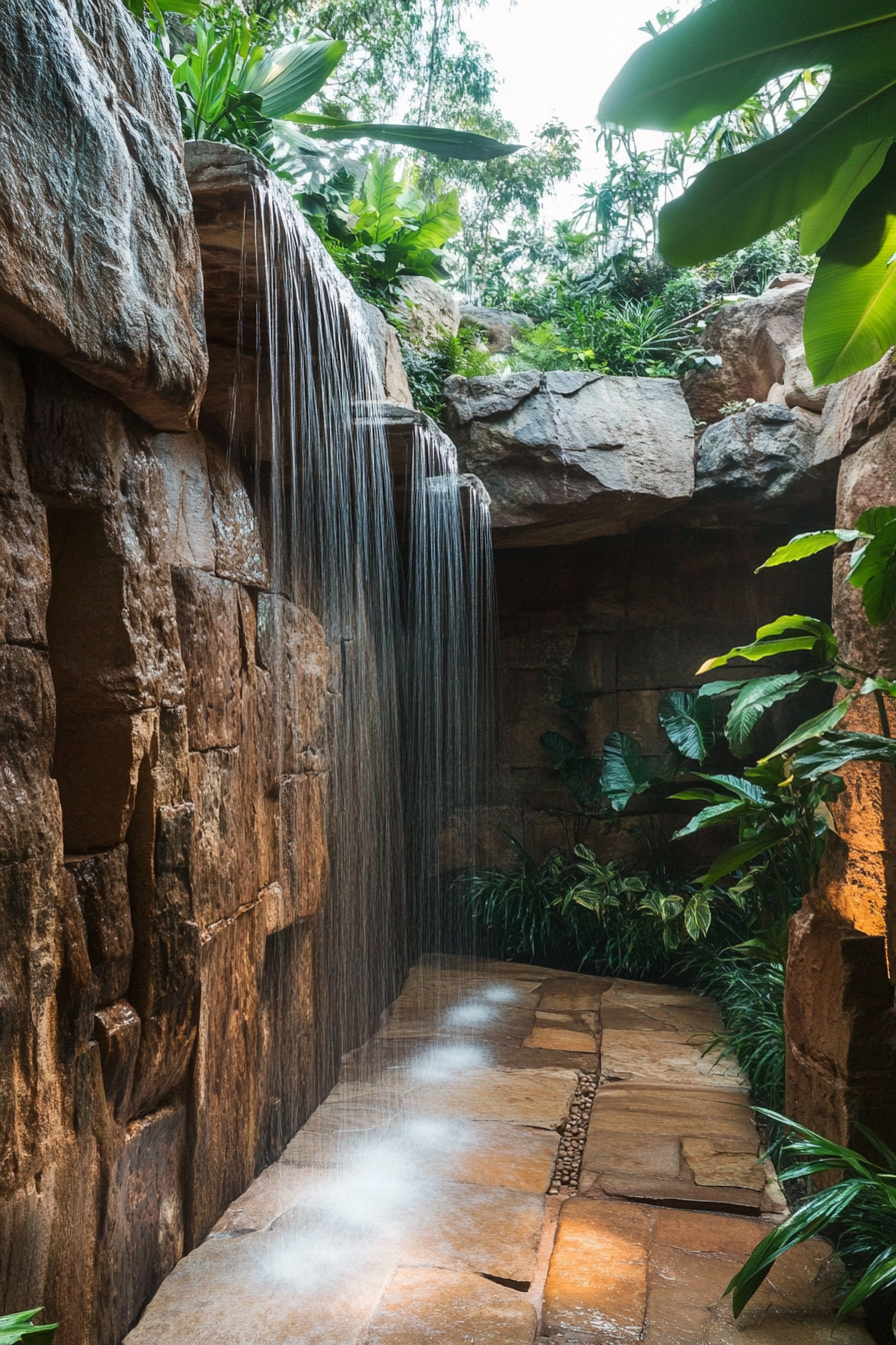 Outdoor shower. Natural rock formation with multiple cascading heads integrated with tropical garden.