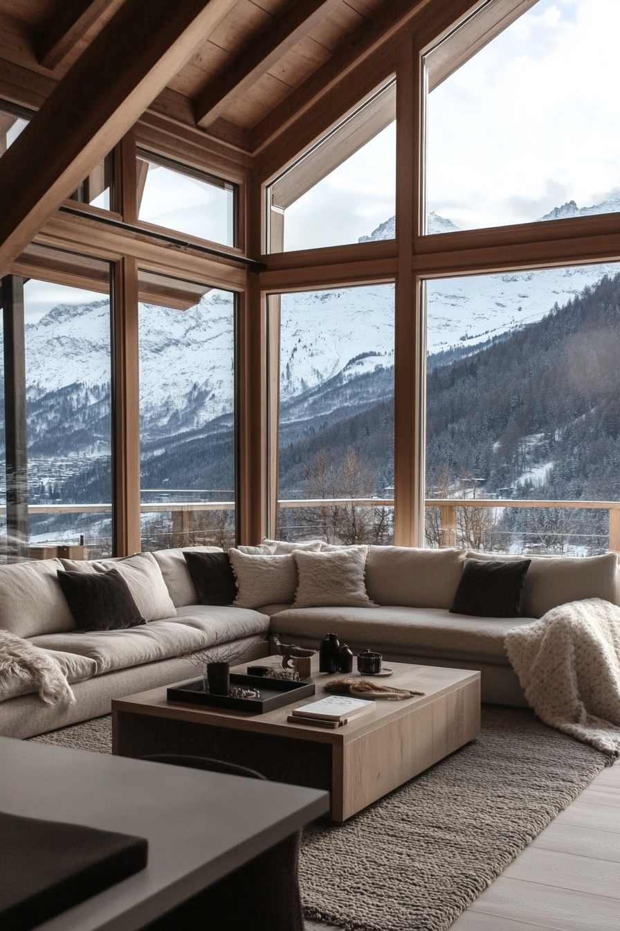 Contemporary Alpine Living. Cosy corner sofa overlooking snow-capped mountains through floor-to-ceiling windows.