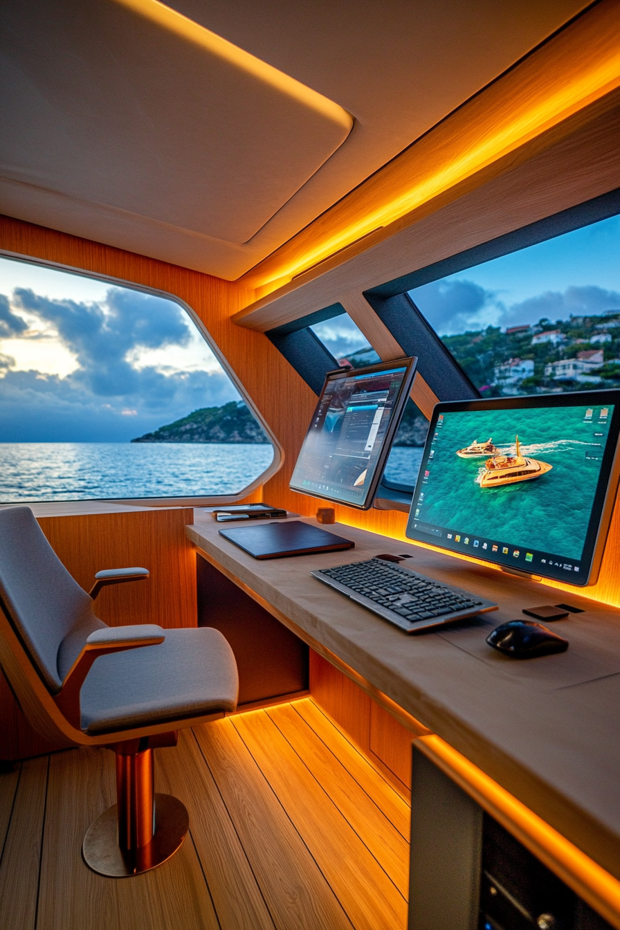 Flexible mobile office. Workstation aboard a solar-powered yacht, with panoramic sea views.