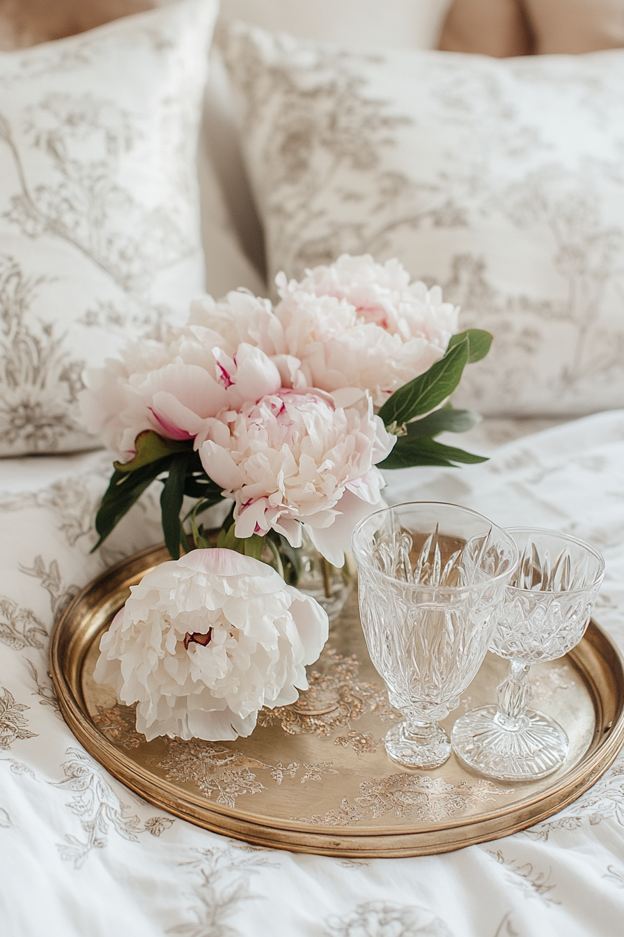 Bedside setup. Vintage gold tray, crystal glassware, peony bouquet.