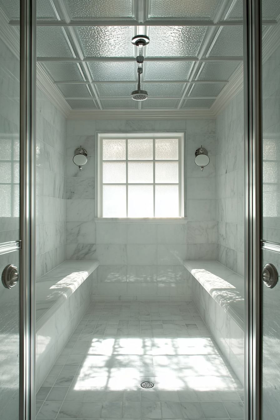 Pool house. Luxe indoor shower with glass ceiling and Carrera marble tiles.