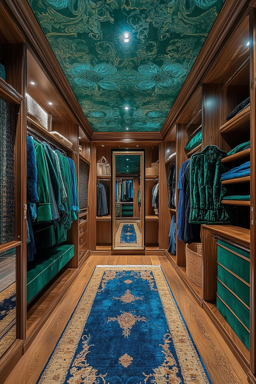 Walk-in closet. Emerald velvet dividers, textured sapphire wallpaper ceiling, smart technology mirror.