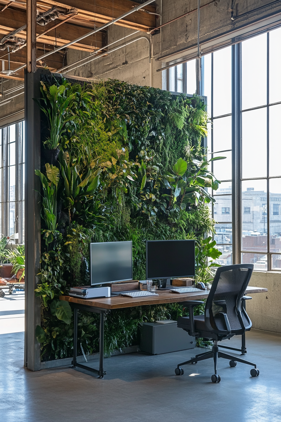 Remote workspace. Modular desk system fronting a lush green wall divider, under vast industrial windows.