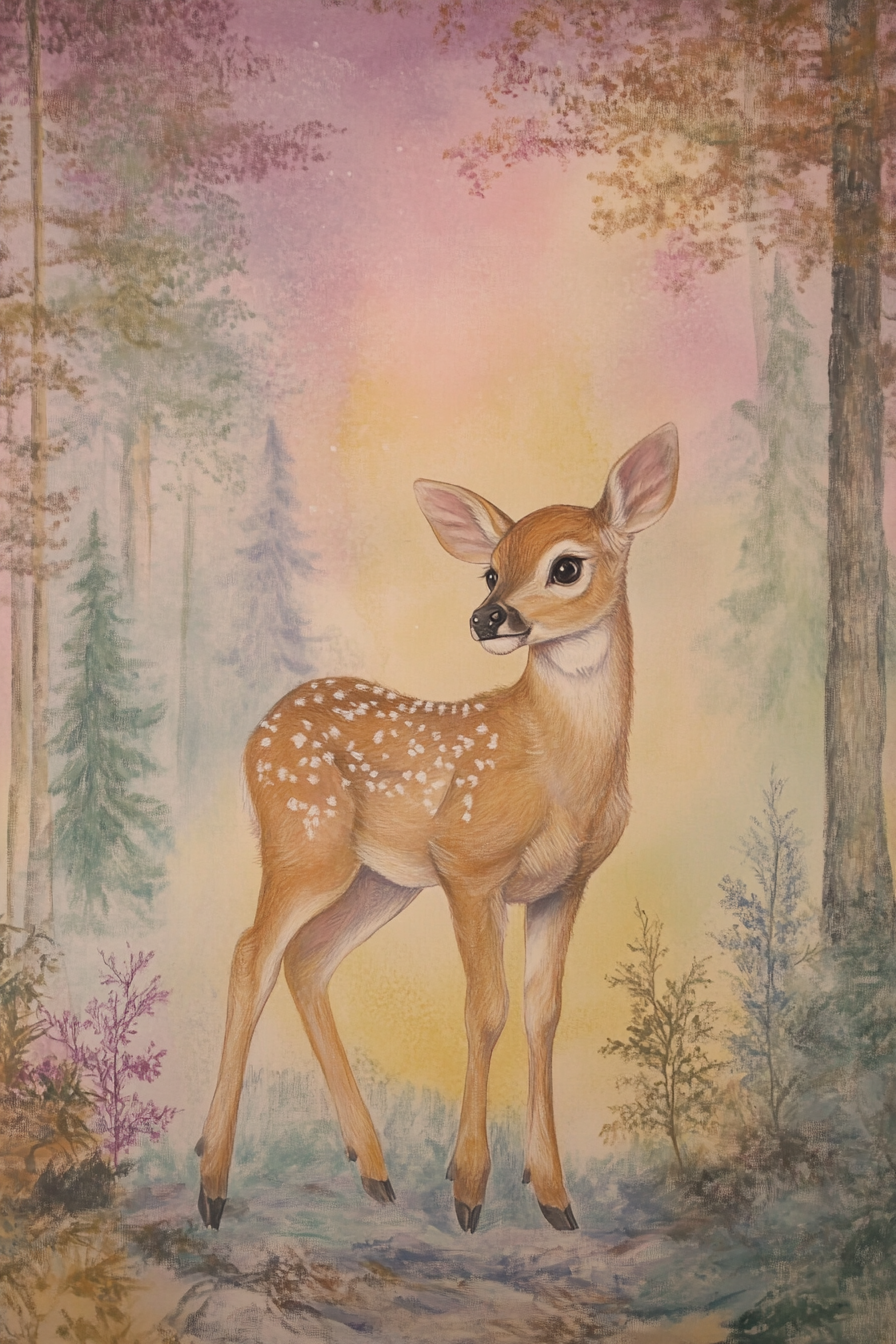 Baby room mural. Pastel rainbow forest withyou whitetail deer