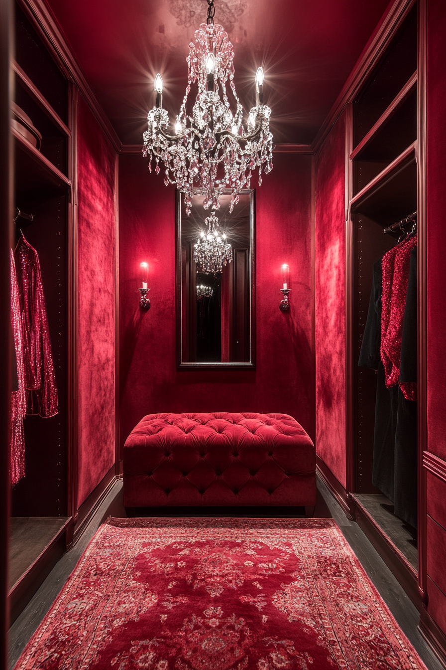 Walk-in closet. Ruby-red velvet walls, sapphire crystal chandelier, intelligent touchscreen mirror.