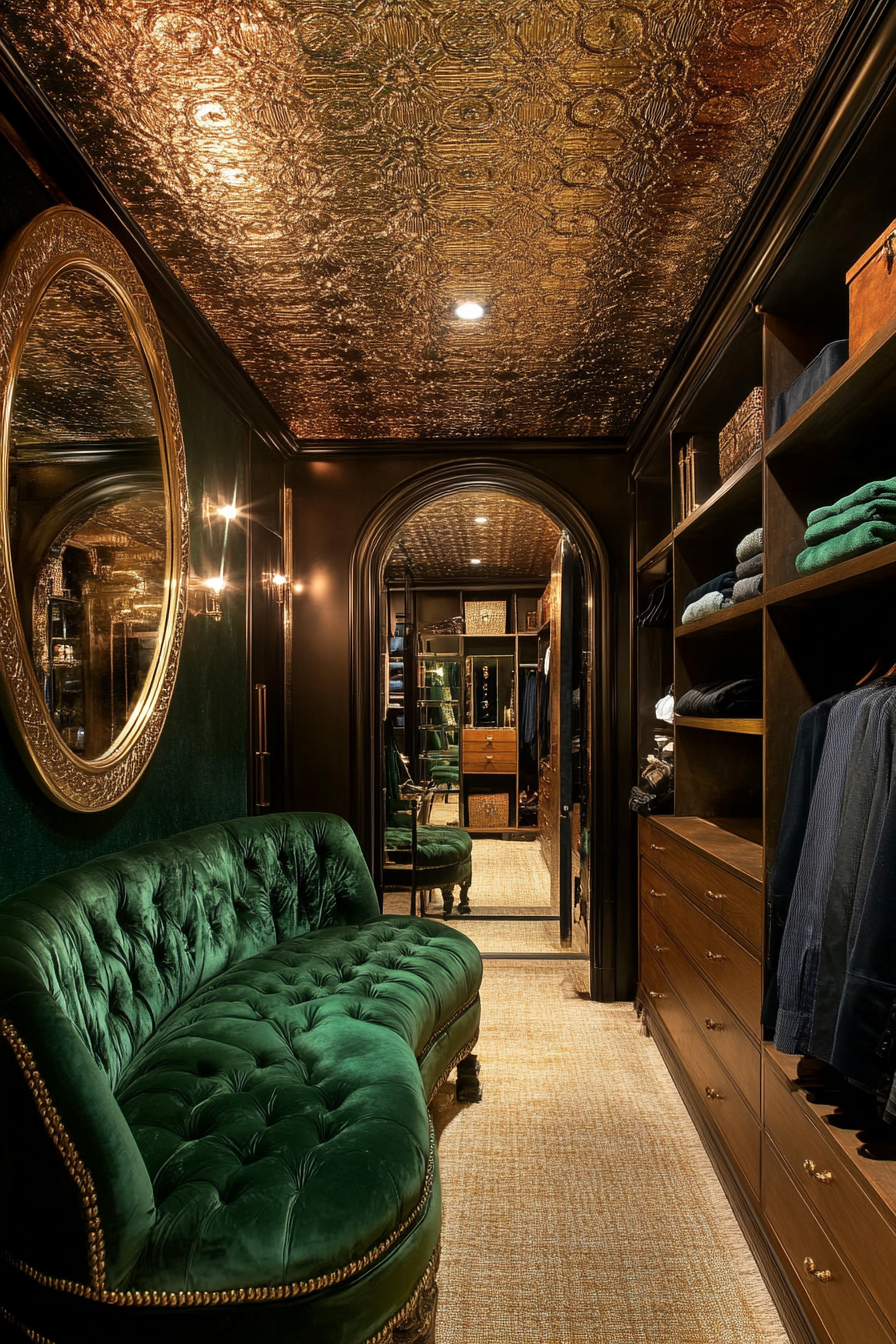 Walk-in closet. Emerald velvet seating, textured gold leaf ceiling, AI dressing mirror.