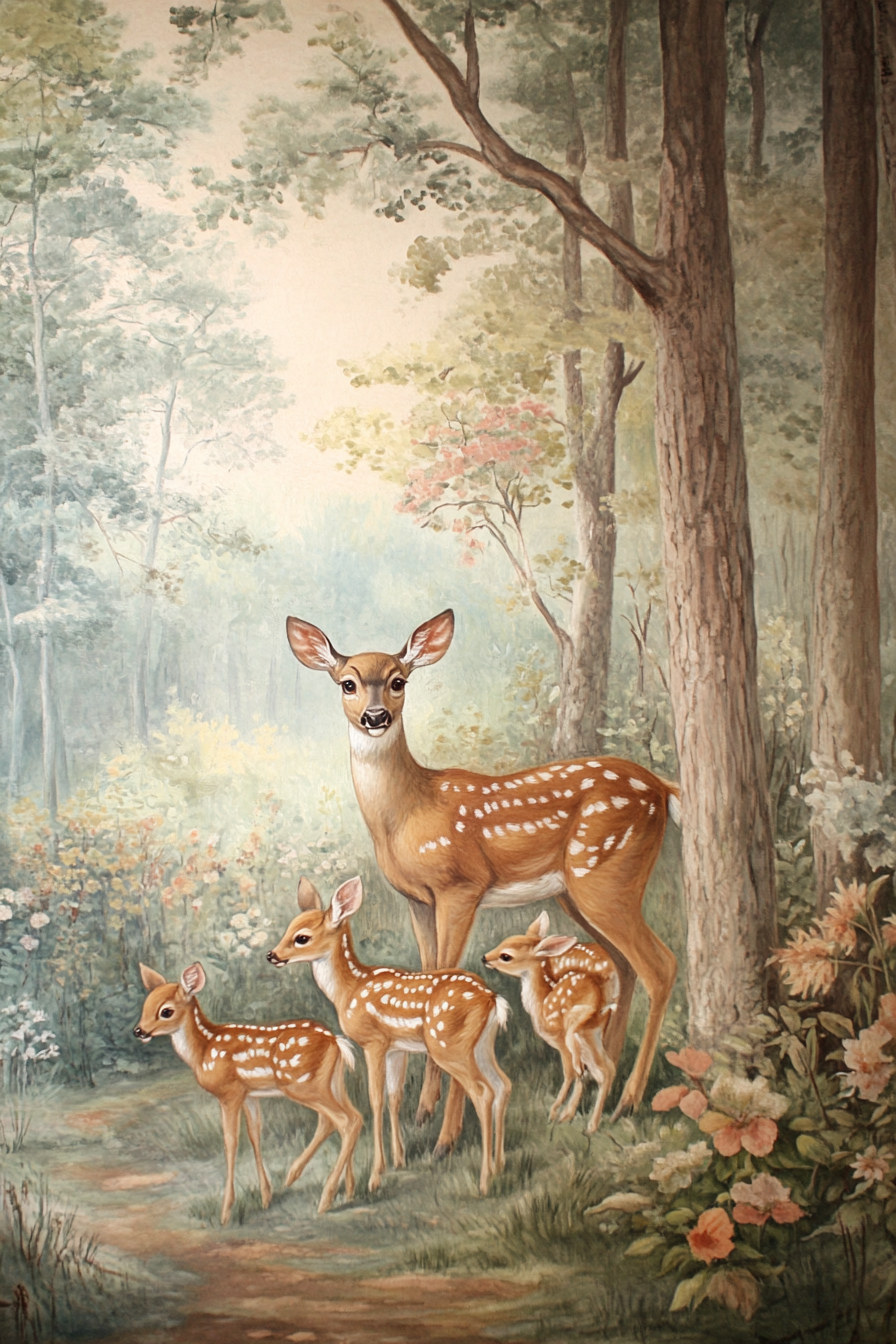 Pastel-colored mural. Forest scene with doe and fawns.