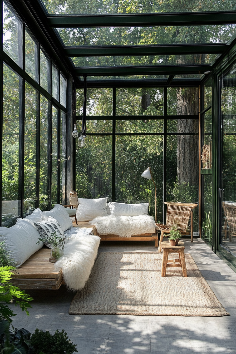 Modern enclosed porch. Scandinavian-inspired furniture, floor to ceiling urban green glass walls.