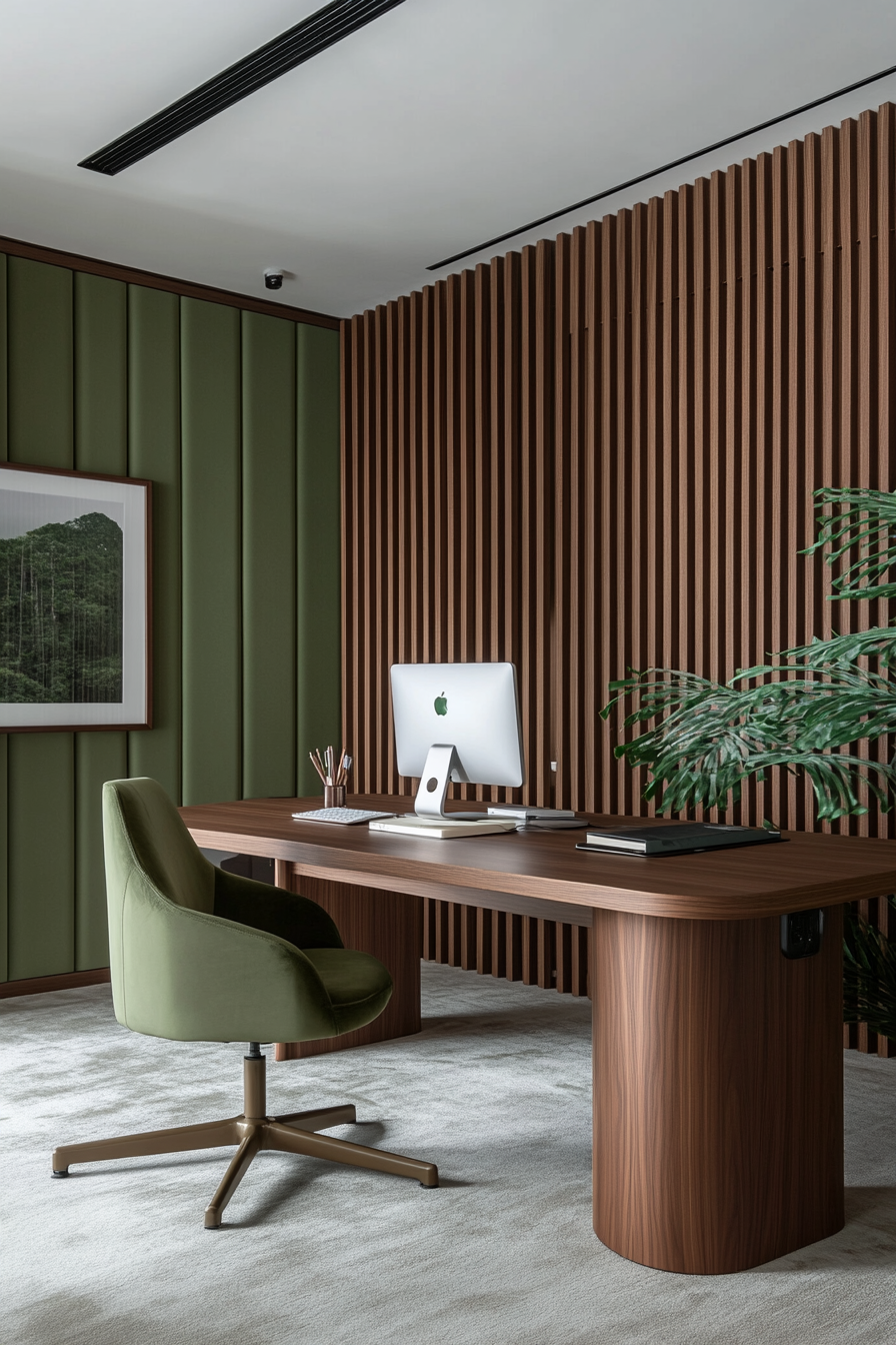 Remote work space. Height-adjustable modular desk before a mossy green wooden panelled wall divider.