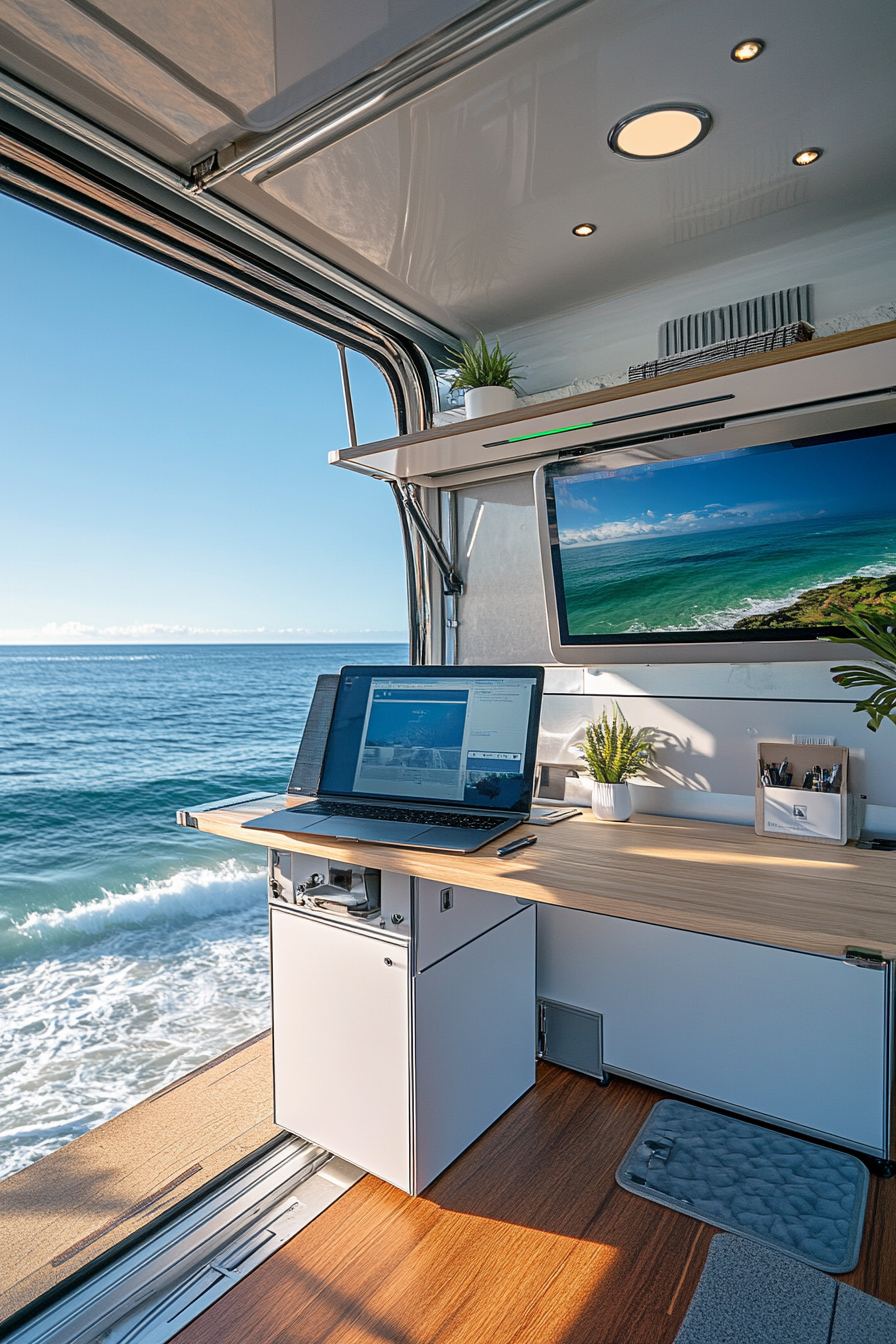 Flexible mobile office. Convertible workstation featuring solar tech with an ocean-view desk setup.