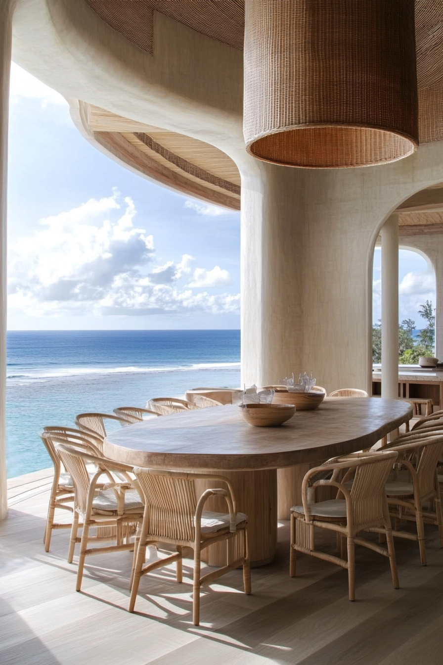 Dining room. Bleached brunette floors, curved rattan chairs, floor-to-ceiling ocean view.