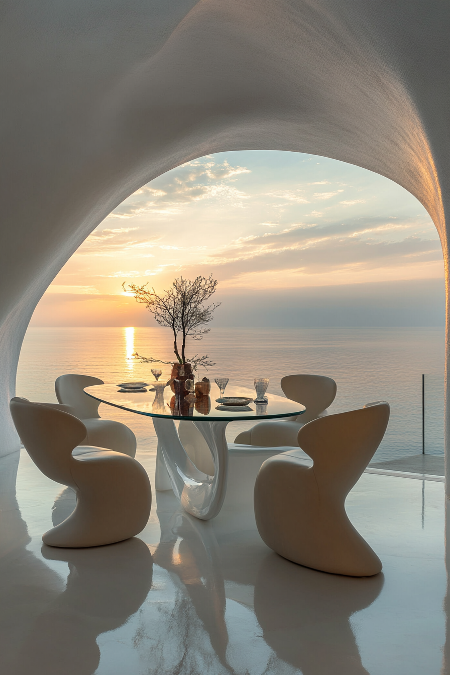 Dining room. Bleached brunette floors, floating glass table, curved alabaster leather chairs, endless ocean backdrop.