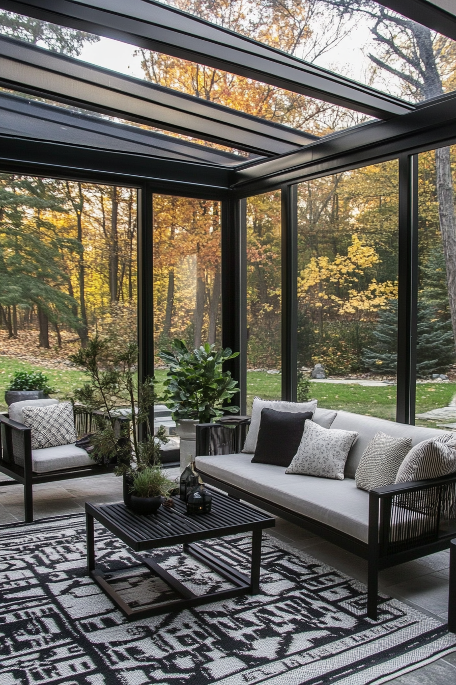 Modern enclosed porch. Glass walls, minimalistic black outdoor furniture, monochrome geometric patterned rug.