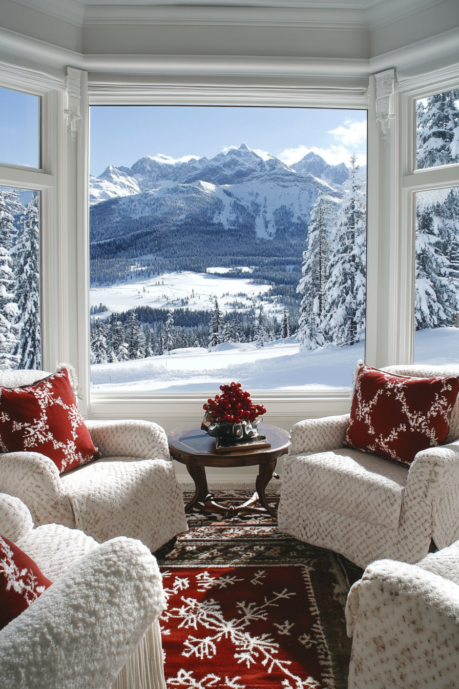 Contemporary Alpine living room. Snowflake pattern throw, bay window with snow-covered mountain panorama.