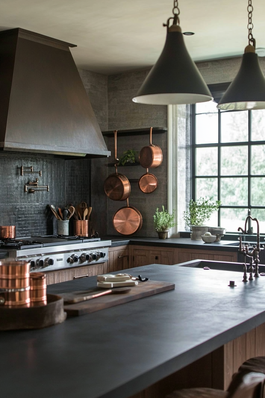 Kitchen. Soapstone countertops with hanging copper vessels and vintage scale under industrial pendants.