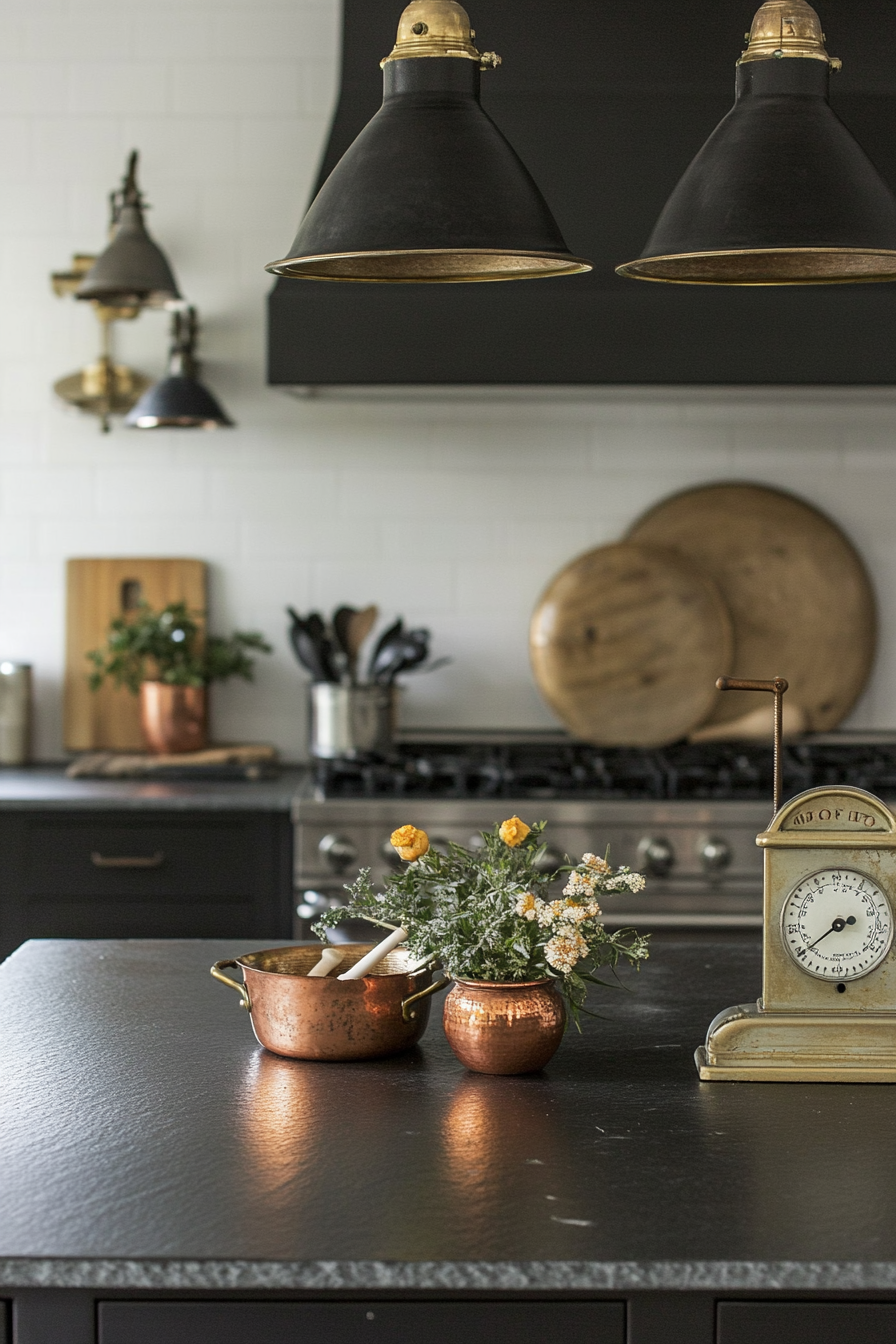 Welcoming kitchen. Soapstone countertops, collected copper vessels, vintage scale beside industrial pendants.