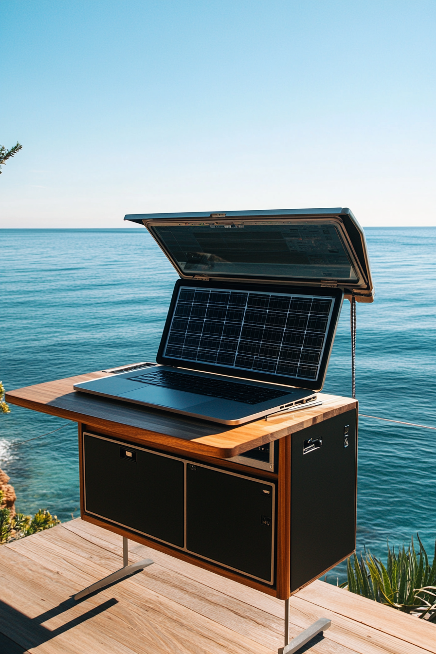 Flexible mobile office. Convertible desk workstation equipped with solar technology, overlooking the ocean.