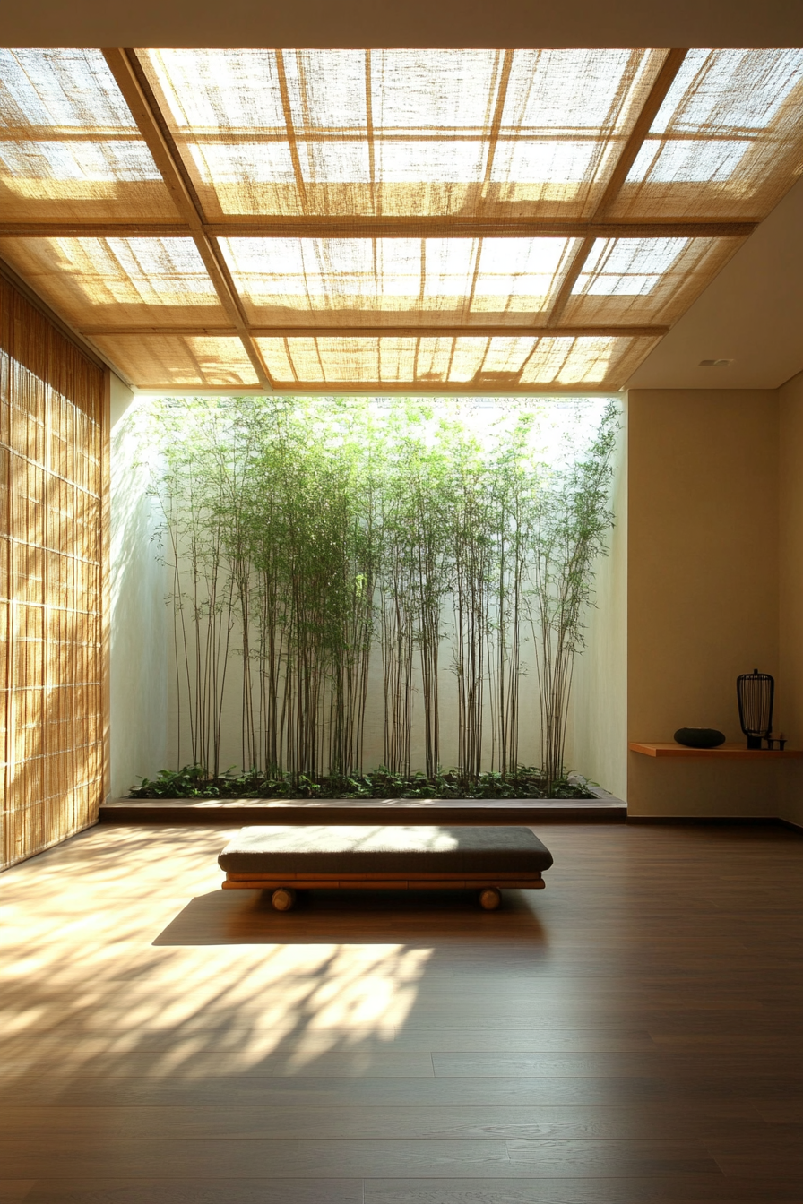 Meditation space. Bamboo bench under a bright skylight with diffuser station nearby.