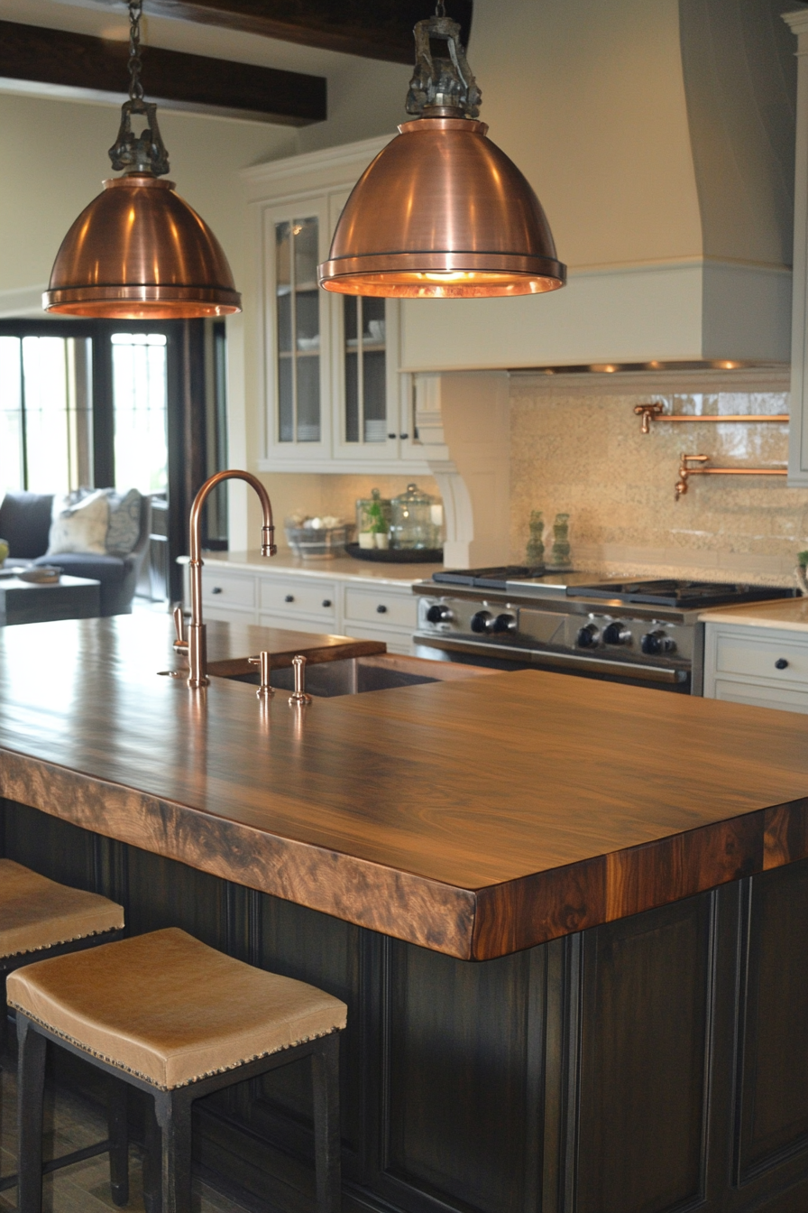 Premium kitchen design. Walnut wood island countertop with copper accents.