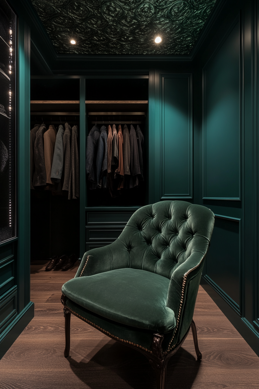 Walk-in closet. Emerald velvet armchair, sapphire textured wallpaper ceiling, smart mirror technology.