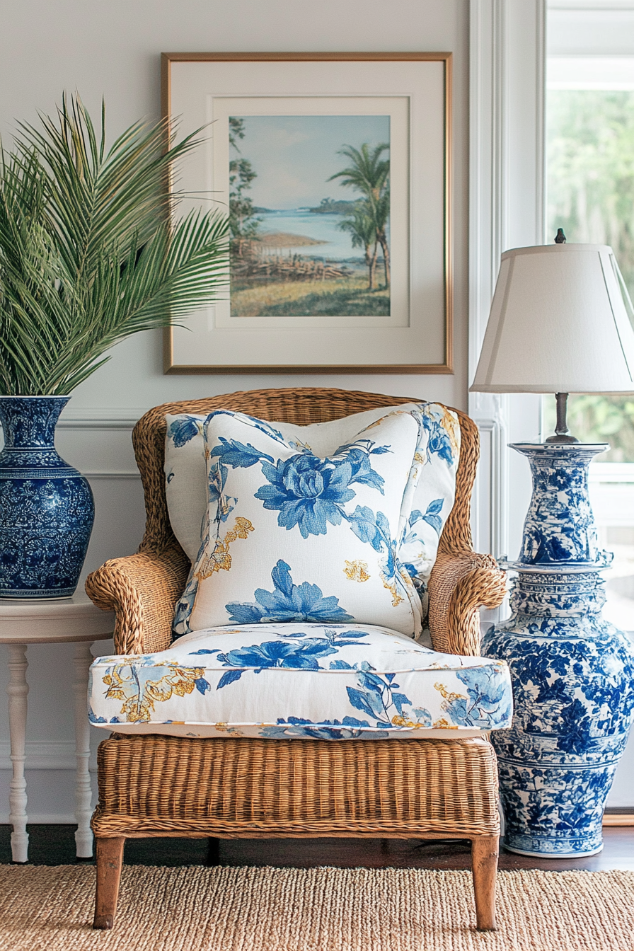 Coastal living space. Vintage floral armchair, woven rattan rug, blue chinoiserie vases.