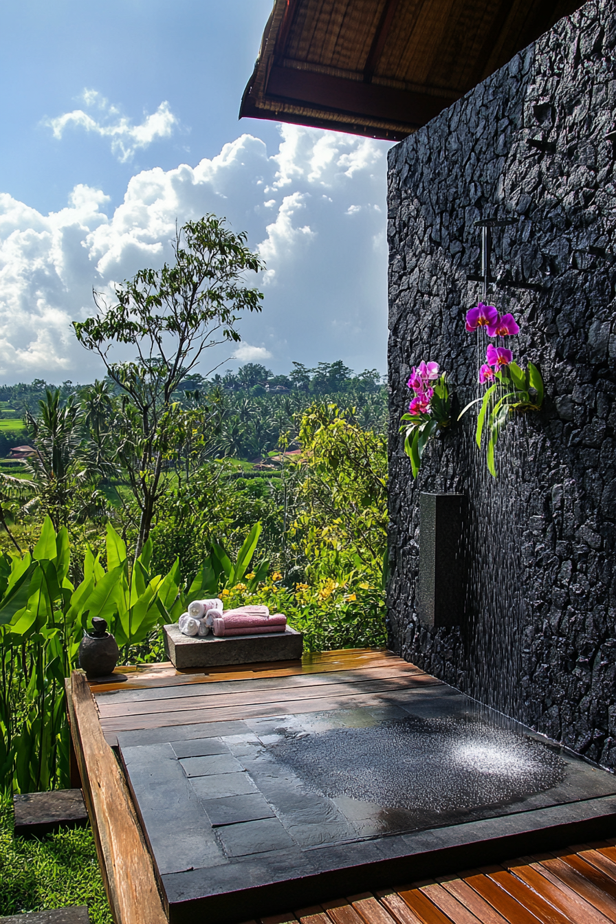 Outdoor shower. Black lava stone walls, teak platform, living orchid wall, rice paddy view.