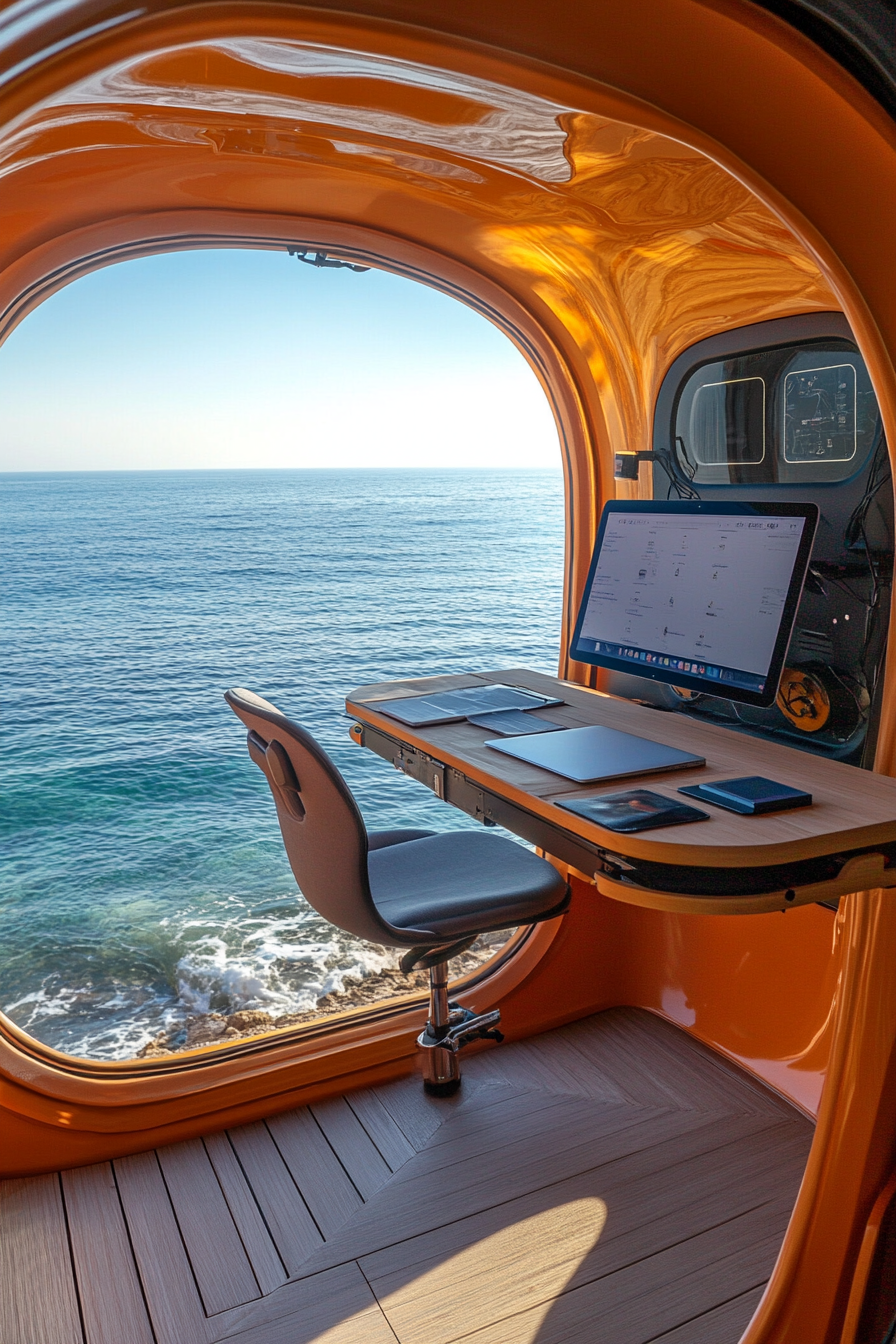 Mobile office. Convertible workstation with solar powered tech facing ocean view.