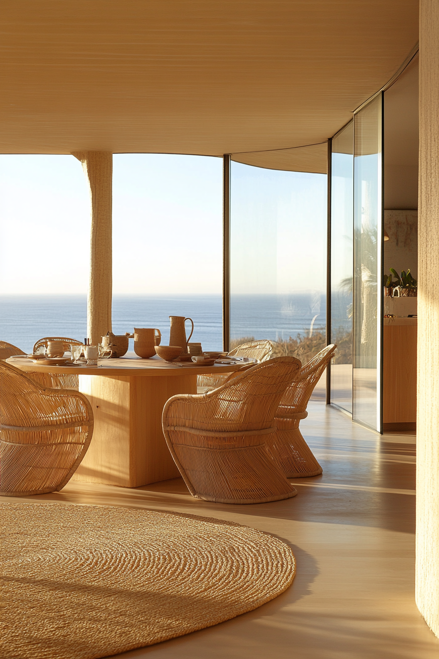 Dining room. Bleached brunette floors, curved rattan chairs, and floor-to-ceiling ocean views.