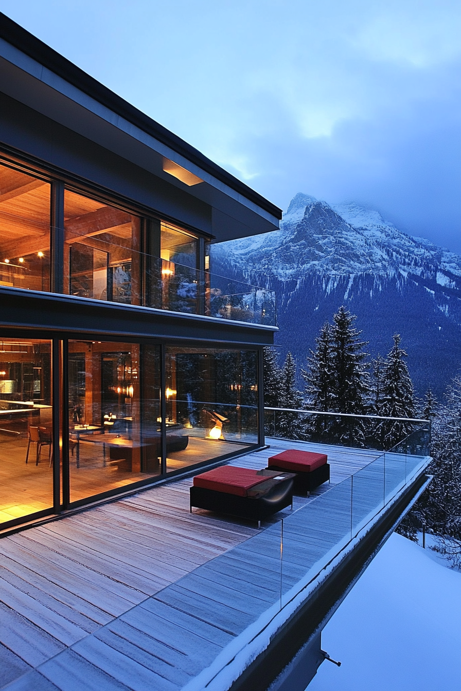 Contemporary Alpine living. Glass house with panoramic mountain vistas.