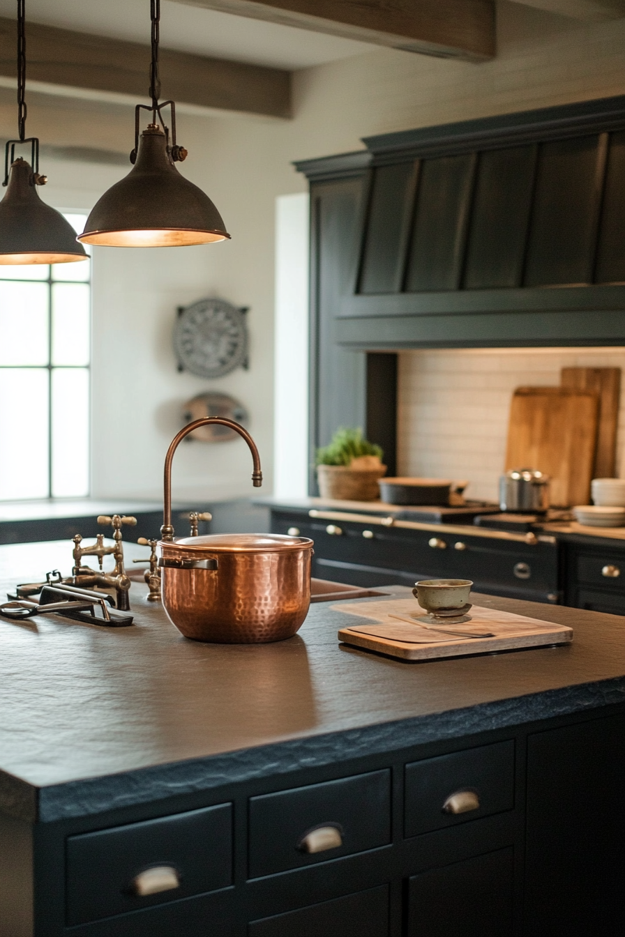 Welcoming kitchen. Soapstone countertops, copper vessels, vintage scale display, industrial pendants.