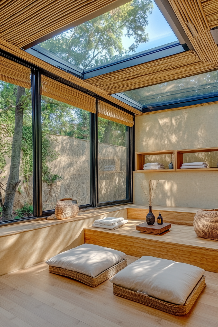 Meditation Space. Bamboo bench beneath glass skylight with floor cushion storage and diffuser station.