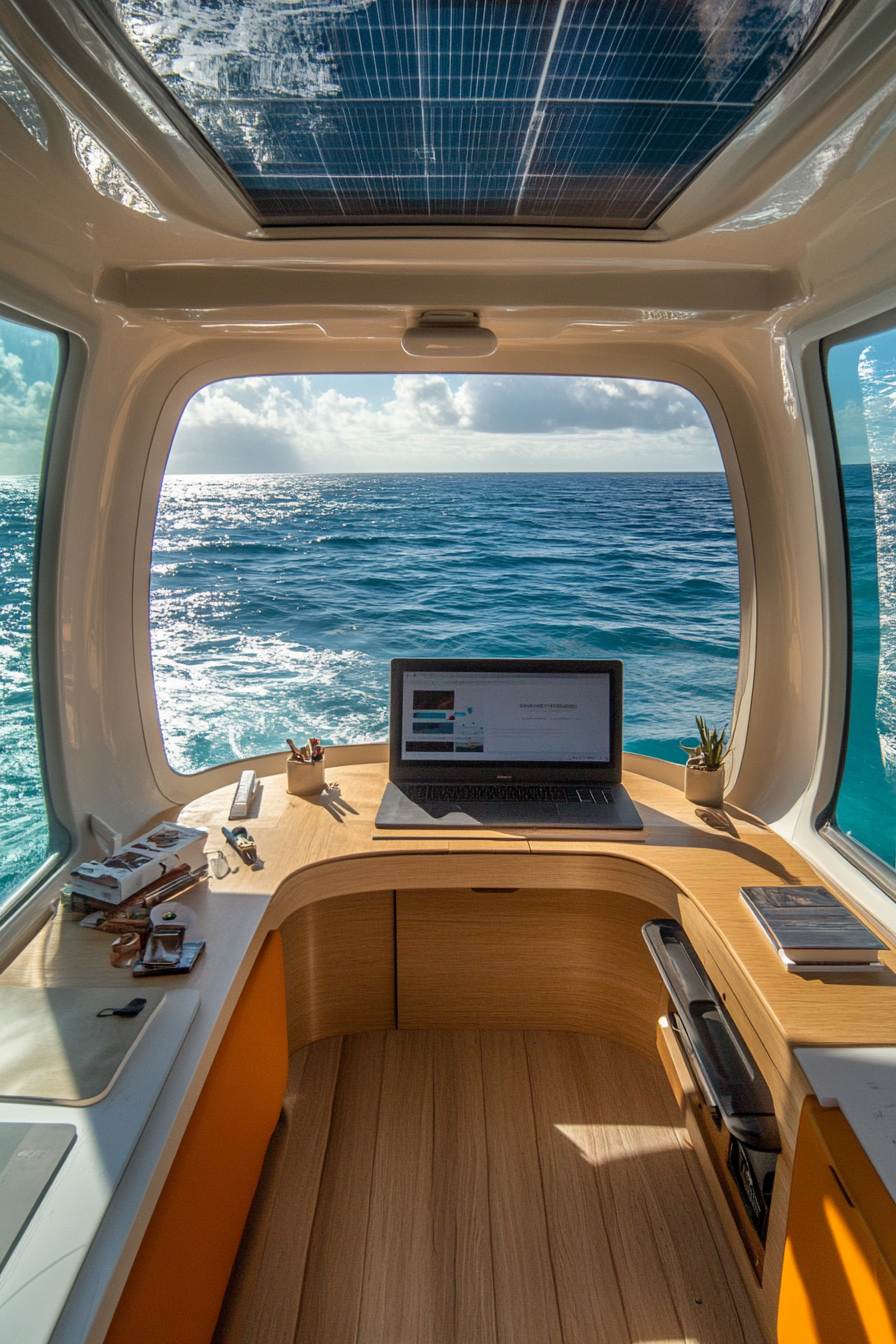 Flexible mobile office. Convertible desk facing the ocean, powered with solar panels.