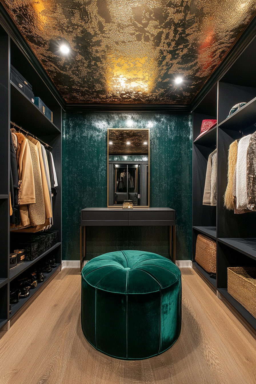 Walk-in closet. Emerald velvet ottoman, textured gold leaf wallpaper ceiling, smart mirror display.