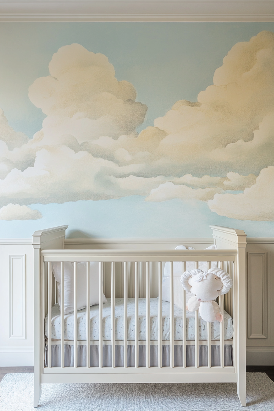 Pastel-colored mural. Cloud shapes over a soft cream-colored backdrop in a baby room.